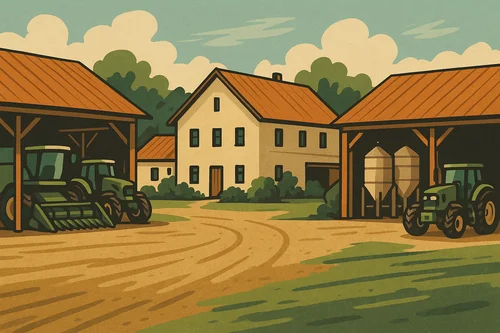 Stilisierte Darstellung eine landwirtschaftlichen Betriebes mit Maschinenhallen.