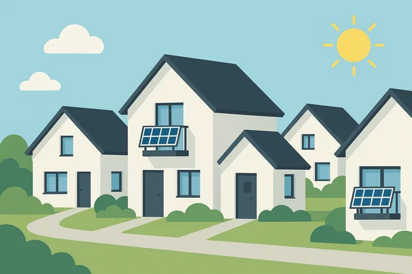 Bild einer Neubausiedlung Stilisierte Darstellung einer Neubausiedlung mit Balkonkraftwerken an einigen Gebäuden.